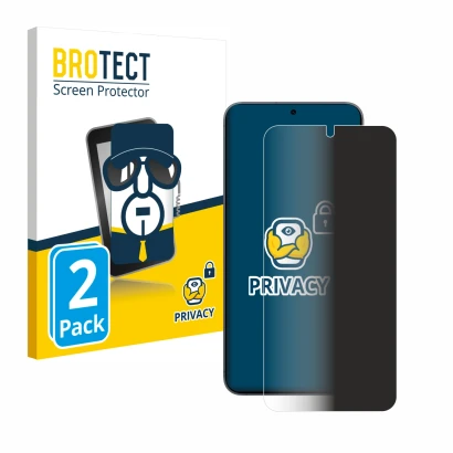 Face avant d’un emballage produit avec le logo de la marque BROTECT. À côté, l’appareil Samsung Galaxy S25 Plus est représenté