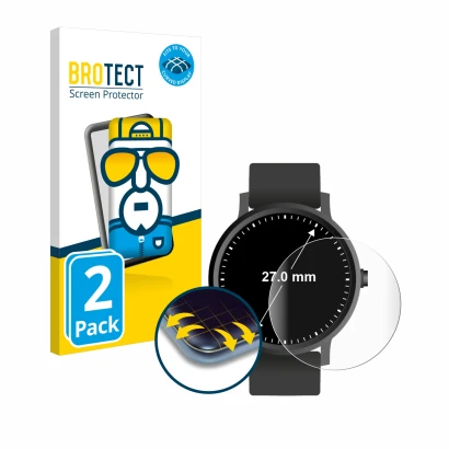 Face avant d’un emballage produit avec le logo de la marque BROTECT. À côté, l’appareil Montres (Circulaire, ø: 27 mm) est rep