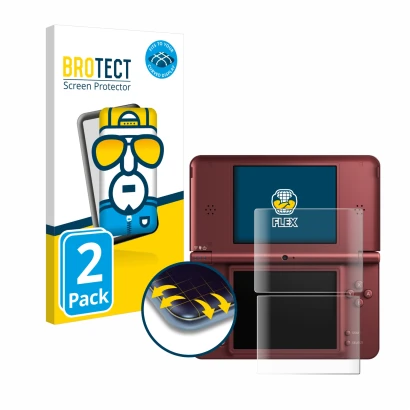 Face avant d’un emballage produit avec le logo de la marque BROTECT. À côté, l’appareil Nintendo DSi XL est représenté avec la