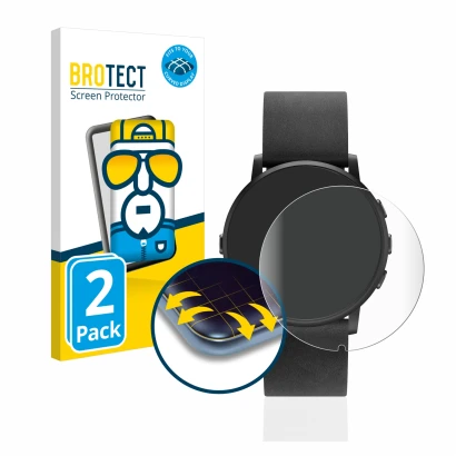Face avant d’un emballage produit avec le logo de la marque BROTECT. À côté, l’appareil Pebble Time Round est représenté avec