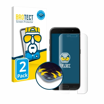Face avant d’un emballage produit avec le logo de la marque BROTECT. À côté, l’appareil Samsung Galaxy A3 2017 est représenté 