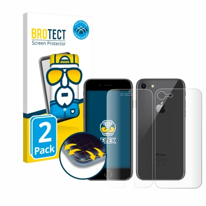 Face avant d’un emballage produit avec le logo de la marque BROTECT. À côté, l’appareil Apple iPhone 8 (Avant+Arrière) est rep