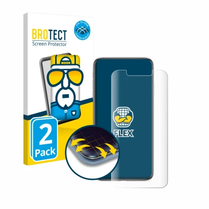 Face avant d’un emballage produit avec le logo de la marque BROTECT. À côté, l’appareil Apple iPhone Xs Max est représenté ave