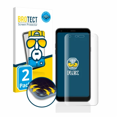 Face avant d’un emballage produit avec le logo de la marque BROTECT. À côté, l’appareil LG Q7 est représenté avec la protectio