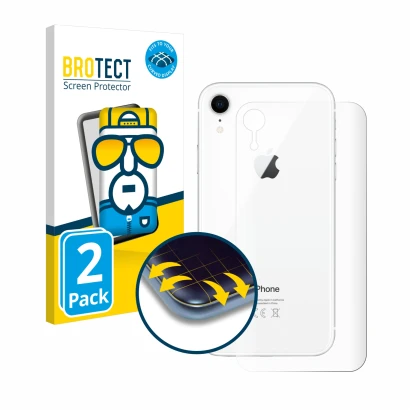 Face avant d’un emballage produit avec le logo de la marque BROTECT. À côté, l’appareil Apple iPhone XR (Le dos) est représent