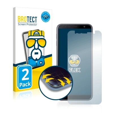 Face avant d’un emballage produit avec le logo de la marque BROTECT. À côté, l’appareil Samsung Galaxy J6 Plus est représenté