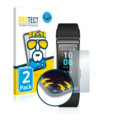 Face avant d’un emballage produit avec le logo de la marque BROTECT. À côté, l’appareil Huawei Band 3 Pro est représenté avec 