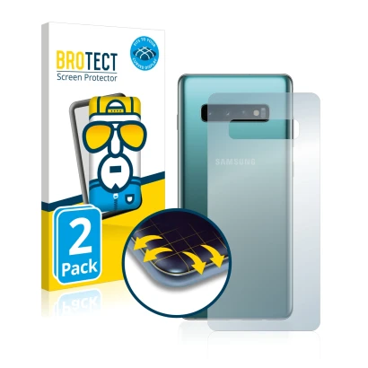 Face avant d’un emballage produit avec le logo de la marque BROTECT. À côté, l’appareil Samsung Galaxy S10 Plus (Arrière) est 