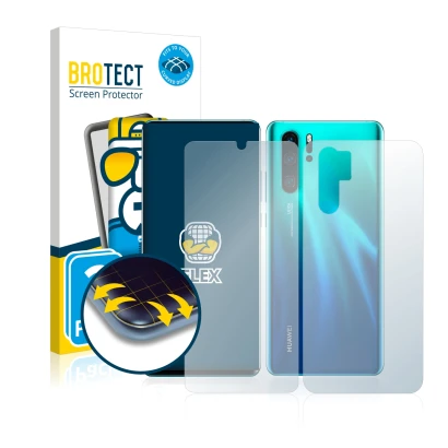Face avant d’un emballage produit avec le logo de la marque BROTECT. À côté, l’appareil Huawei P30 Pro (Avant+Arrière) est rep