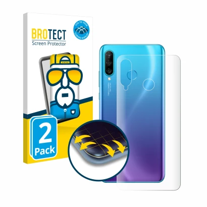 Face avant d’un emballage produit avec le logo de la marque BROTECT. À côté, l’appareil Huawei P30 lite (Arrière) est représen