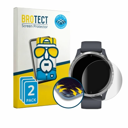 Face avant d’un emballage produit avec le logo de la marque BROTECT. À côté, l’appareil Garmin Venu (43 mm) est représenté ave