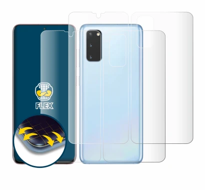Image de l'appareil Samsung Galaxy S20 (Avant+Arrière) avec une grande variété de protections d'écran.