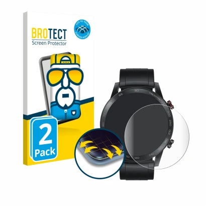 Face avant d’un emballage produit avec le logo de la marque BROTECT. À côté, l’appareil Honor Watch Magic 2 (46 mm) est représ
