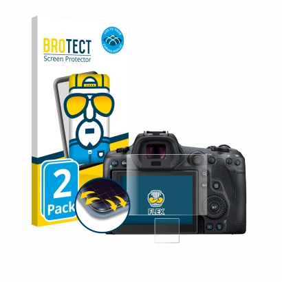 Face avant d’un emballage produit avec le logo de la marque BROTECT. À côté, l’appareil Canon EOS R5 est représenté avec la pr