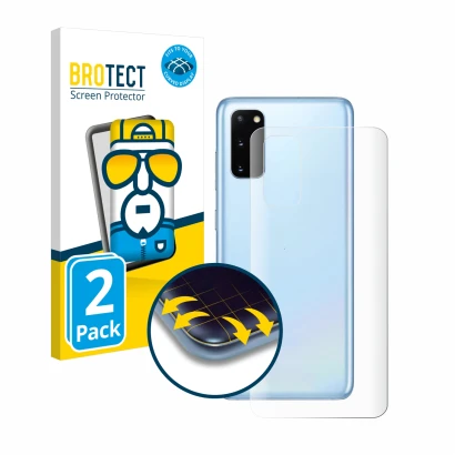 Face avant d’un emballage produit avec le logo de la marque BROTECT. À côté, l’appareil Samsung Galaxy S20 5G (Arrière) est re