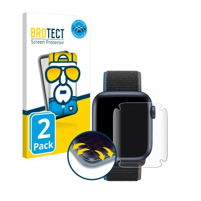 Face avant d’un emballage produit avec le logo de la marque BROTECT. À côté, l’appareil Apple Watch Series 6 (44 mm) est repré