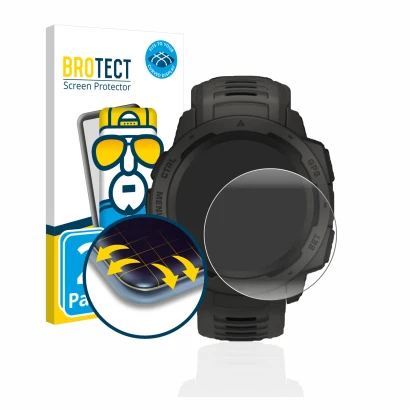 Face avant d’un emballage produit avec le logo de la marque BROTECT. À côté, l’appareil Garmin Instinct Solar est représenté a
