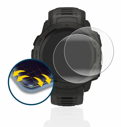 Image de l'appareil Garmin Instinct Solar avec une grande variété de protections d'écran.