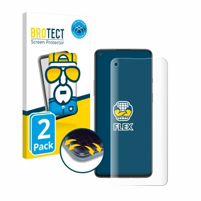 Face avant d’un emballage produit avec le logo de la marque BROTECT. À côté, l’appareil OnePlus 8T est représenté avec la prot