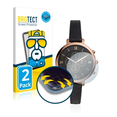 Face avant d’un emballage produit avec le logo de la marque BROTECT. À côté, l’appareil Fossil Monroe Hybrid HR est représenté