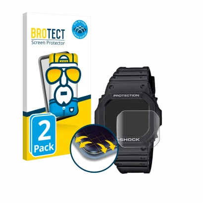 Face avant d’un emballage produit avec le logo de la marque BROTECT. À côté, l’appareil Casio G-Shock GW-M5610-1ER est représe