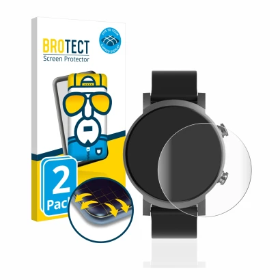 Face avant d’un emballage produit avec le logo de la marque BROTECT. À côté, l’appareil Mobvoi Ticwatch E3 est représenté avec
