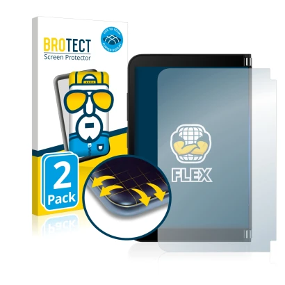 Face avant d’un emballage produit avec le logo de la marque BROTECT. À côté, l’appareil Microsoft Surface Duo 2 (Affichage ext