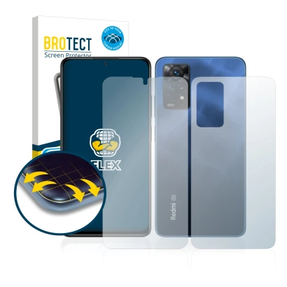 Face avant d’un emballage produit avec le logo de la marque BROTECT. À côté, l’appareil Xiaomi Redmi Note 11 Pro 5G (Avant+Arr