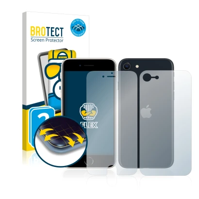 Face avant d’un emballage produit avec le logo de la marque BROTECT. À côté, l’appareil Apple iPhone SE 3 2022 (Avant+Arrière)