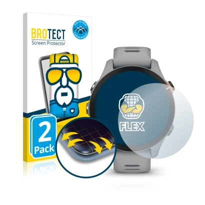 Face avant d’un emballage produit avec le logo de la marque BROTECT. À côté, l’appareil Garmin Forerunner 255S est représenté
