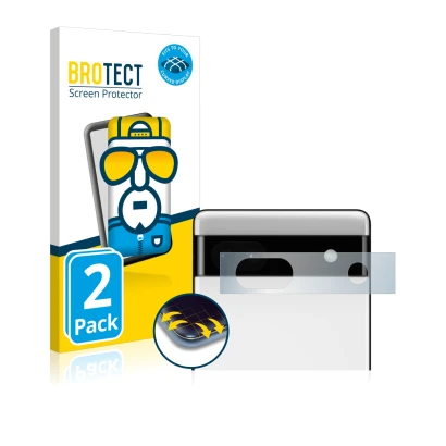 Face avant d’un emballage produit avec le logo de la marque BROTECT. À côté, l’appareil Google Pixel 6a (Caméra UNIQUEMENT) es