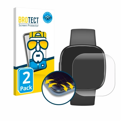 Face avant d’un emballage produit avec le logo de la marque BROTECT. À côté, l’appareil Fitbit Sense 2 est représenté avec la