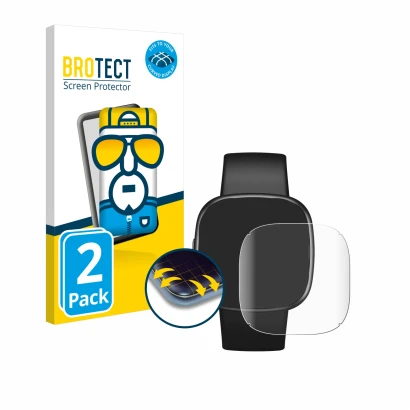 Face avant d’un emballage produit avec le logo de la marque BROTECT. À côté, l’appareil Fitbit Versa 4 est représenté avec la 