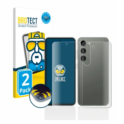 Face avant d’un emballage produit avec le logo de la marque BROTECT. À côté, l’appareil Samsung Galaxy S23 (Avant+Arrière) est