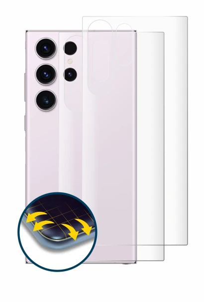 Image de l'appareil Samsung Galaxy S23 Ultra (Arrière) avec une grande variété de protections d'écran.