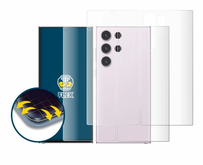 Image de l'appareil Samsung Galaxy S23 Ultra (Avant+Arrière) avec une grande variété de protections d'écran.