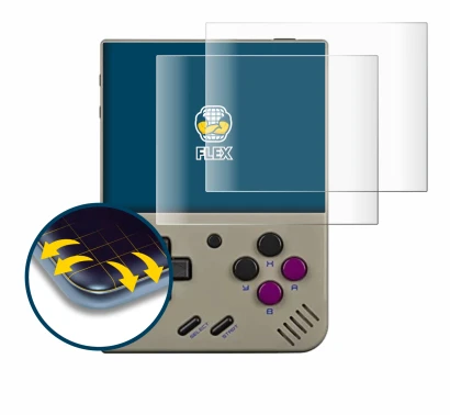 Image de l'appareil Miyoo Mini Plus avec une grande variété de protections d'écran.