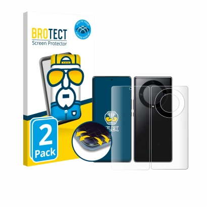 Face avant d’un emballage produit avec le logo de la marque BROTECT. À côté, l’appareil Honor Magic 5 Lite (Avant+Arrière) est