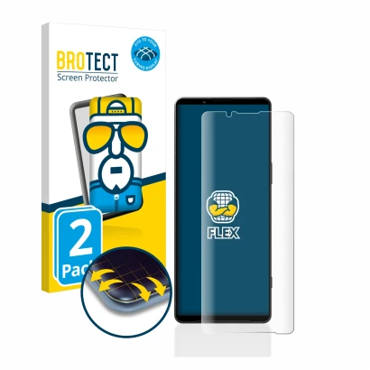 Face avant d’un emballage produit avec le logo de la marque BROTECT. À côté, l’appareil Sony Xperia 1 V est représenté avec la