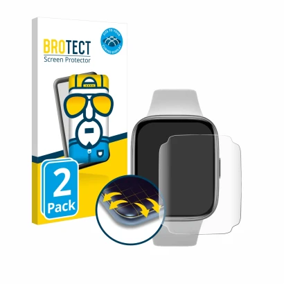 Face avant d’un emballage produit avec le logo de la marque BROTECT. À côté, l’appareil Xiaomi Redmi Watch 3 Active est représ