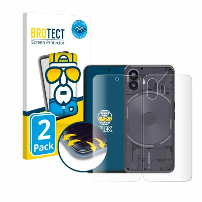Face avant d’un emballage produit avec le logo de la marque BROTECT. À côté, l’appareil Nothing Phone (2) (Avant+Arrière) est 