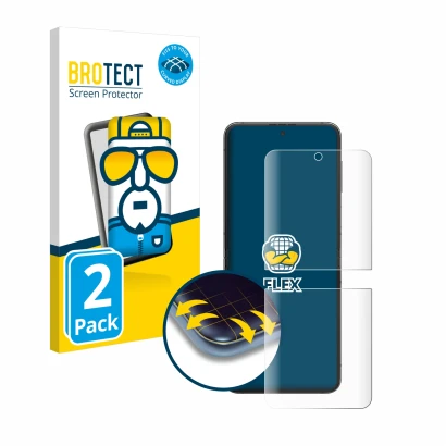 Face avant d’un emballage produit avec le logo de la marque BROTECT. À côté, l’appareil Samsung Galaxy Z Flip 5 est représenté