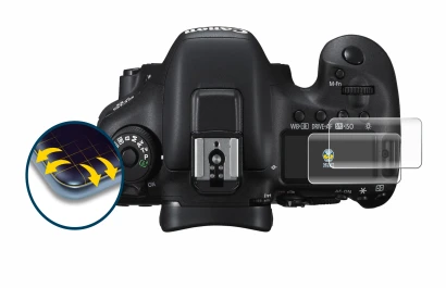 Image de l'appareil Canon EOS 7D Mark II (affichage des épaules) avec une grande variété de protections d'écran.