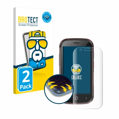 Face avant d’un emballage produit avec le logo de la marque BROTECT. À côté, l’appareil Unihertz Jelly Star est représenté ave