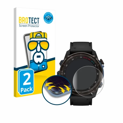 Face avant d’un emballage produit avec le logo de la marque BROTECT. À côté, l’appareil Garmin Descent Mk3i (51 mm) est représ
