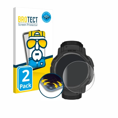 Face avant d’un emballage produit avec le logo de la marque BROTECT. À côté, l’appareil Garmin Instinct Crossover AMOLED est r