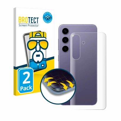 Face avant d’un emballage produit avec le logo de la marque BROTECT. À côté, l’appareil Samsung Galaxy S24 (Arrière) est repré
