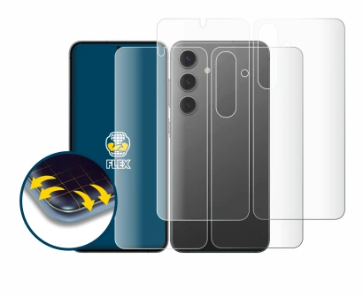 Image de l'appareil Samsung Galaxy S24 (Avant+Arrière) avec une grande variété de protections d'écran.