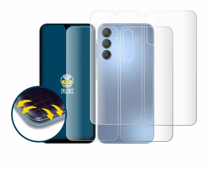 Image de l'appareil Samsung Galaxy A15 (Avant+Arrière) avec une grande variété de protections d'écran.