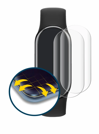 Image de l'appareil Xiaomi Smart Band 8 avec une grande variété de protections d'écran.